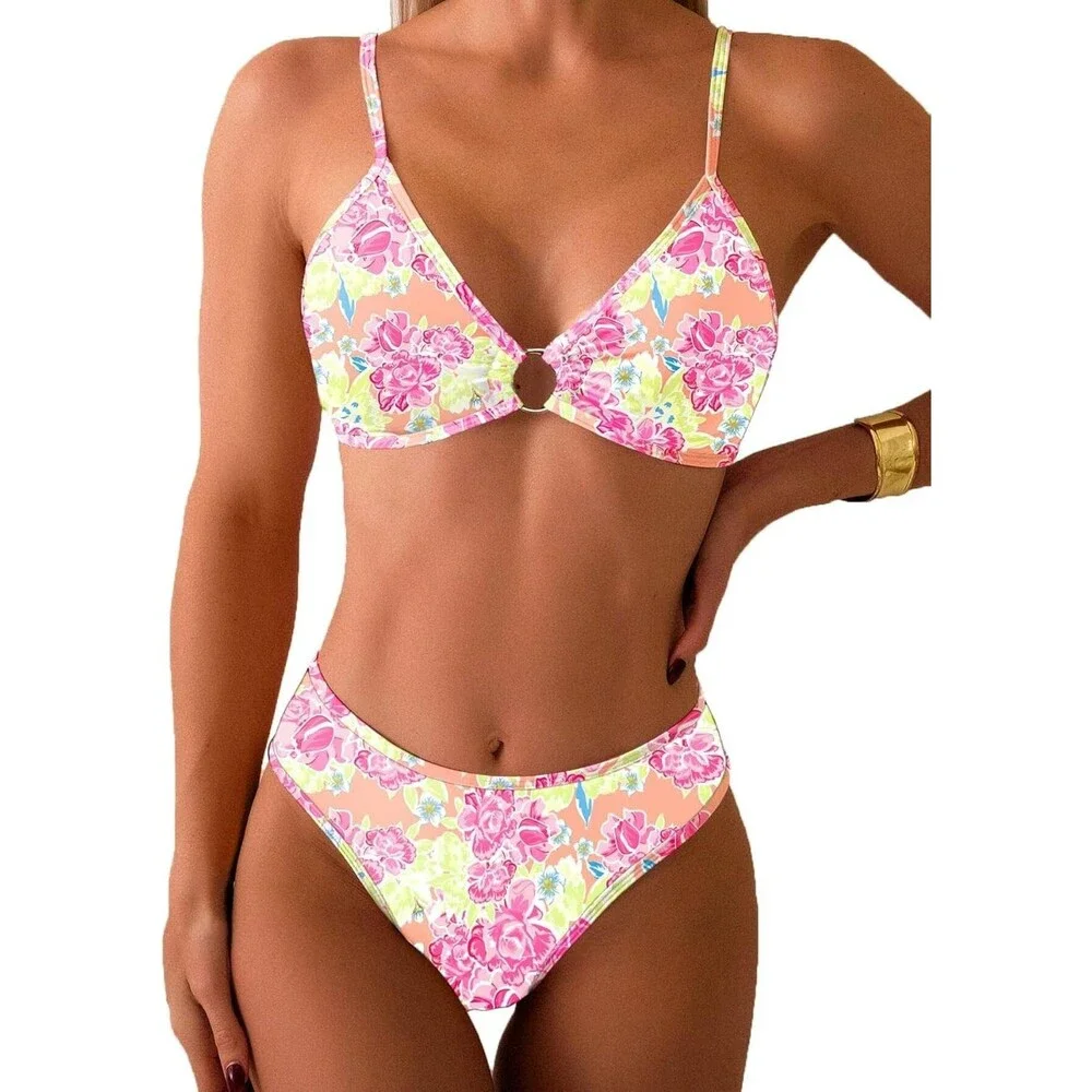 Women's Two Piece Swimsuits LARGE Triangle Bikini Sets O Ring Floral Pink Green
